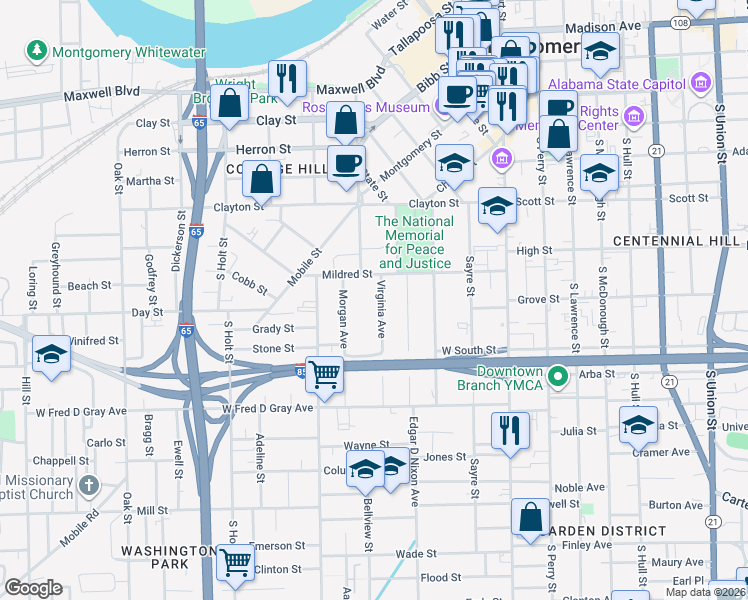 map of restaurants, bars, coffee shops, grocery stores, and more near 522 Virginia Avenue in Montgomery