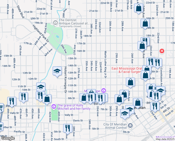 map of restaurants, bars, coffee shops, grocery stores, and more near 1308 35th Avenue in Meridian