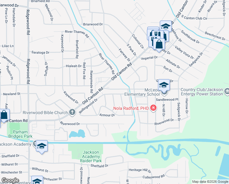 map of restaurants, bars, coffee shops, grocery stores, and more near 136 Rollingwood Drive in Jackson