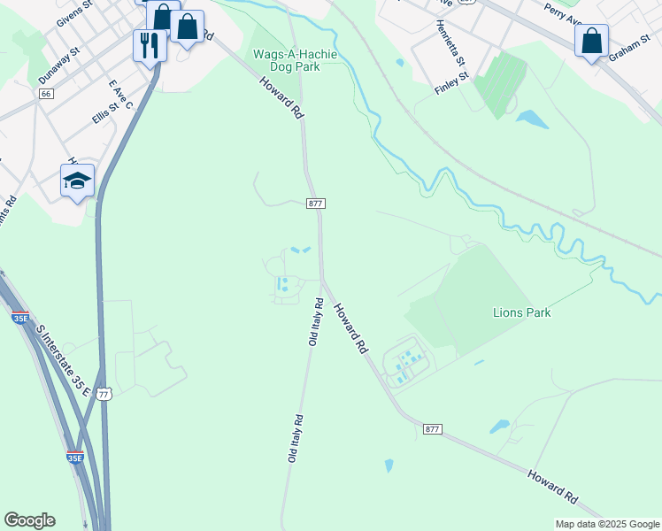 map of restaurants, bars, coffee shops, grocery stores, and more near 1905 Howard Road in Waxahachie