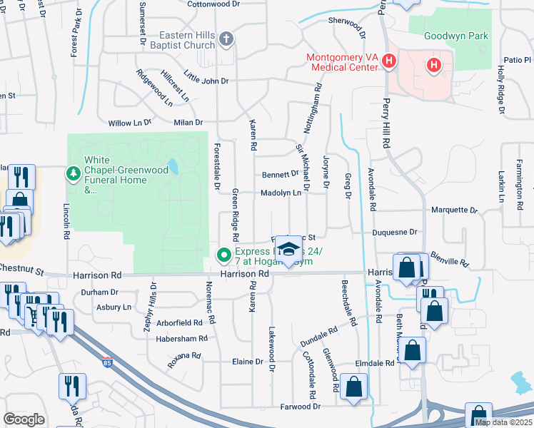 map of restaurants, bars, coffee shops, grocery stores, and more near 912 Frontenac Court in Montgomery