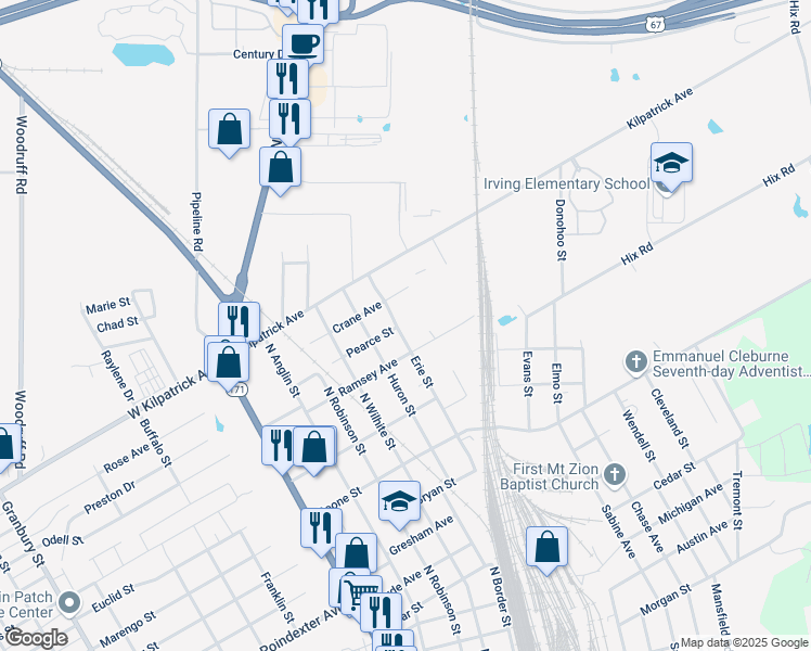 map of restaurants, bars, coffee shops, grocery stores, and more near 512 Erie St in Cleburne