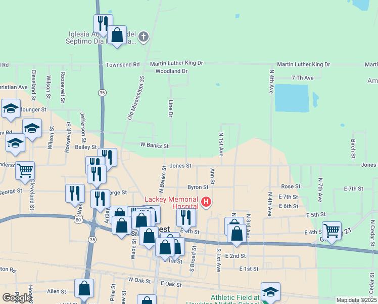 map of restaurants, bars, coffee shops, grocery stores, and more near 604 Wicker Street in Forest