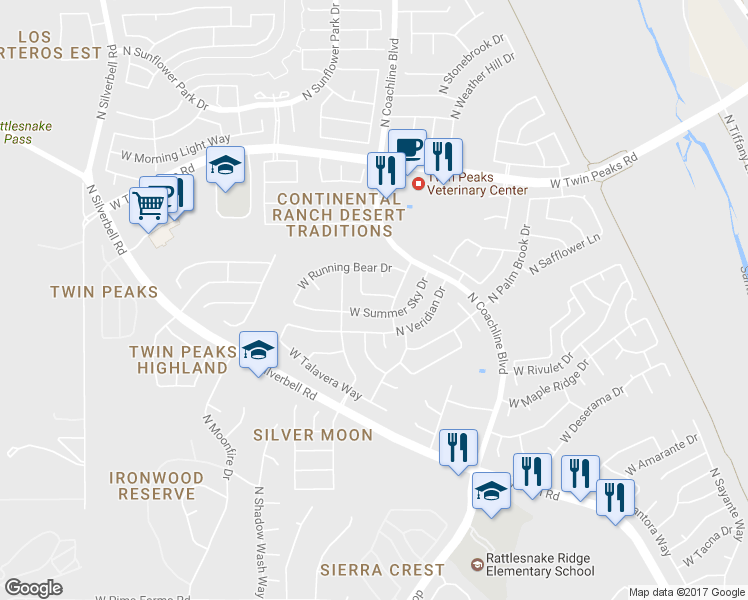 map of restaurants, bars, coffee shops, grocery stores, and more near 7615 W Summer Sun Ln in Tucson