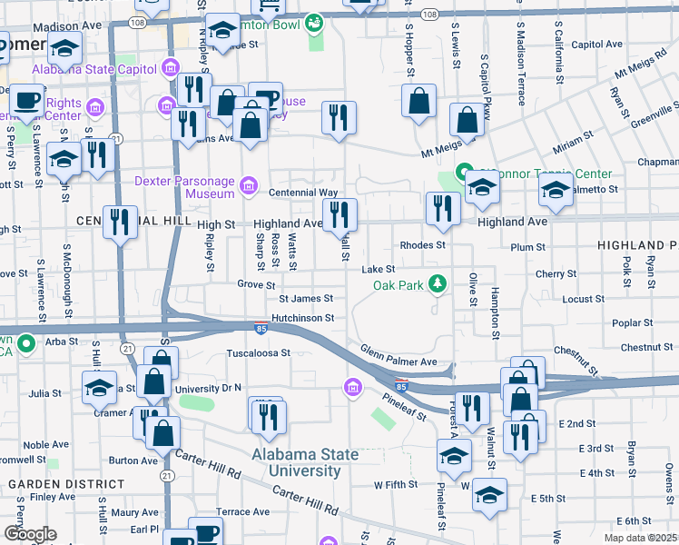map of restaurants, bars, coffee shops, grocery stores, and more near 700 Hall Street in Montgomery