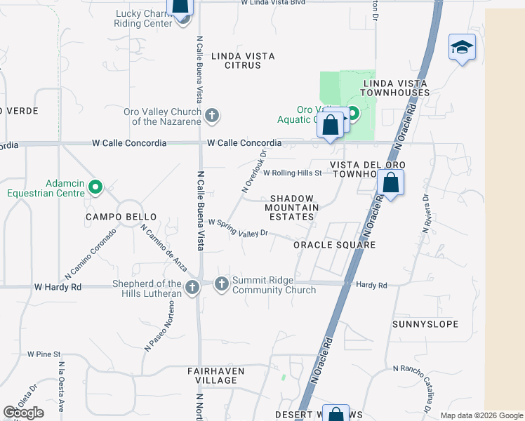map of restaurants, bars, coffee shops, grocery stores, and more near 303 West Meadowbrook Drive in Oro Valley