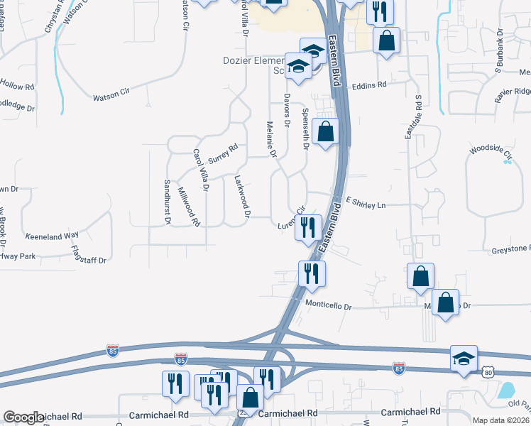 map of restaurants, bars, coffee shops, grocery stores, and more near Layton Road in Montgomery