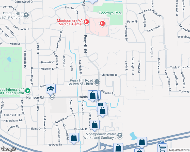map of restaurants, bars, coffee shops, grocery stores, and more near 3834 Marquette Drive in Montgomery