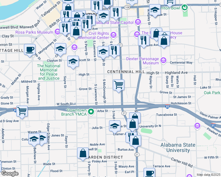 map of restaurants, bars, coffee shops, grocery stores, and more near 602 South Hull Street in Montgomery