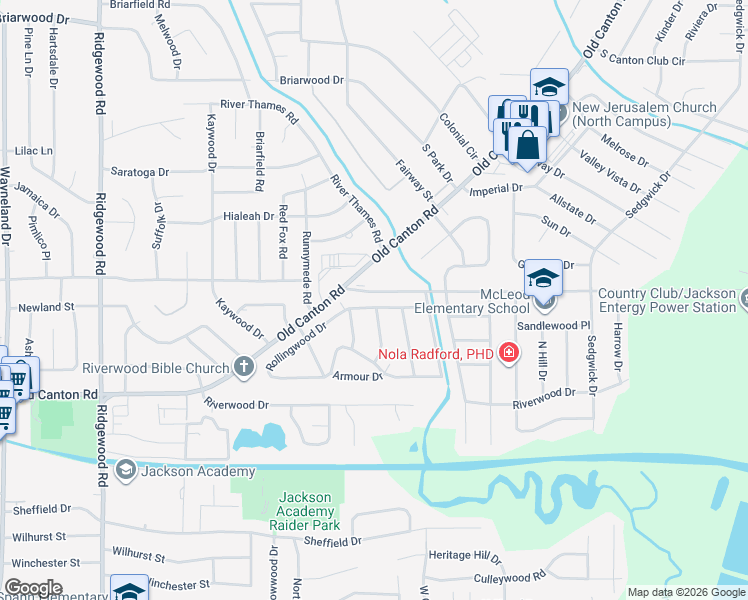 map of restaurants, bars, coffee shops, grocery stores, and more near 152 Rollingwood Drive in Jackson