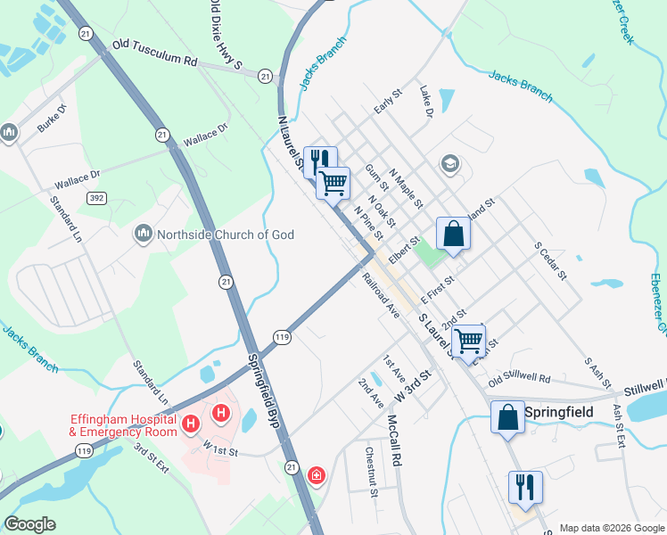 map of restaurants, bars, coffee shops, grocery stores, and more near 502 Railroad Avenue in Springfield
