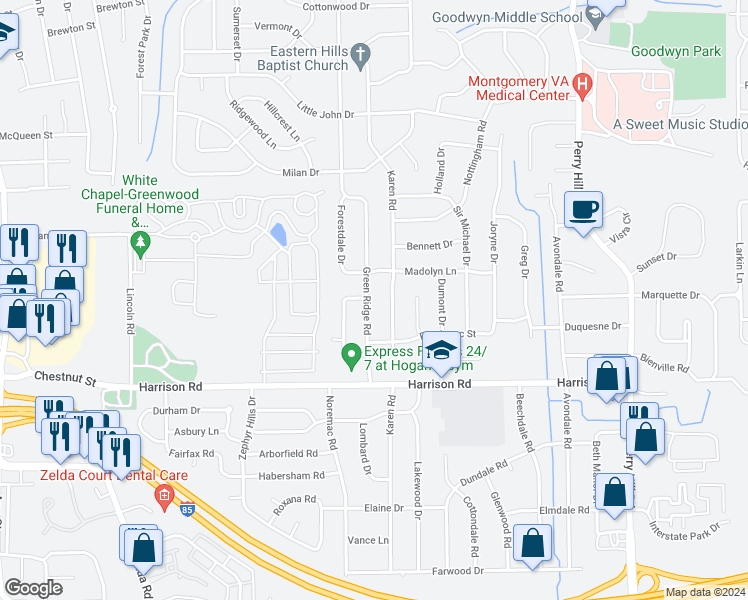 map of restaurants, bars, coffee shops, grocery stores, and more near 901 Green Ridge Road in Montgomery