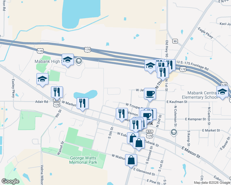 map of restaurants, bars, coffee shops, grocery stores, and more near 304 West Troupe Street in Mabank
