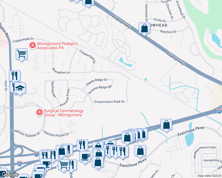 map of restaurants, bars, coffee shops, grocery stores, and more near 1256 Autumn Ridge Road in Montgomery