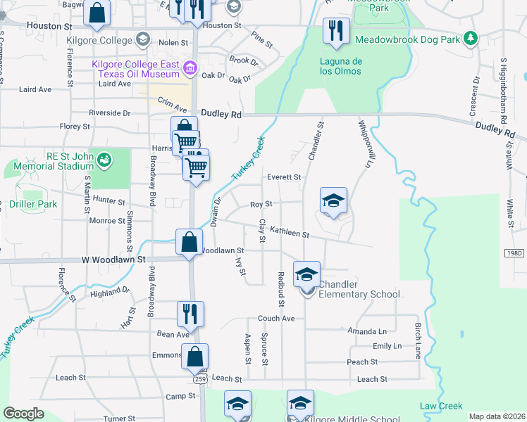 map of restaurants, bars, coffee shops, grocery stores, and more near 2206 Clay Street in Kilgore