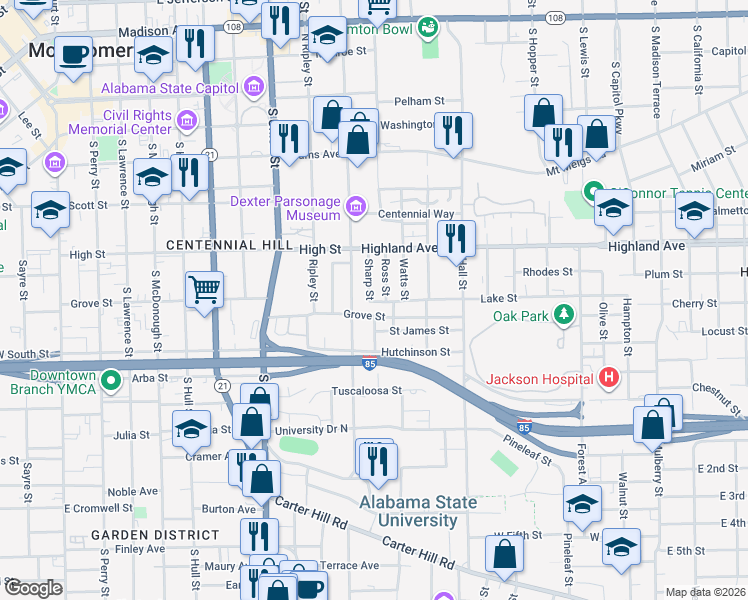 map of restaurants, bars, coffee shops, grocery stores, and more near 964 Lake St in Montgomery