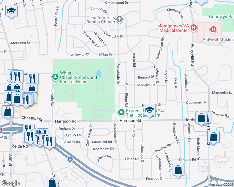 map of restaurants, bars, coffee shops, grocery stores, and more near 920 Green Ridge Court in Montgomery