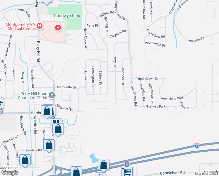 map of restaurants, bars, coffee shops, grocery stores, and more near 547 Bellehurst Drive in Montgomery