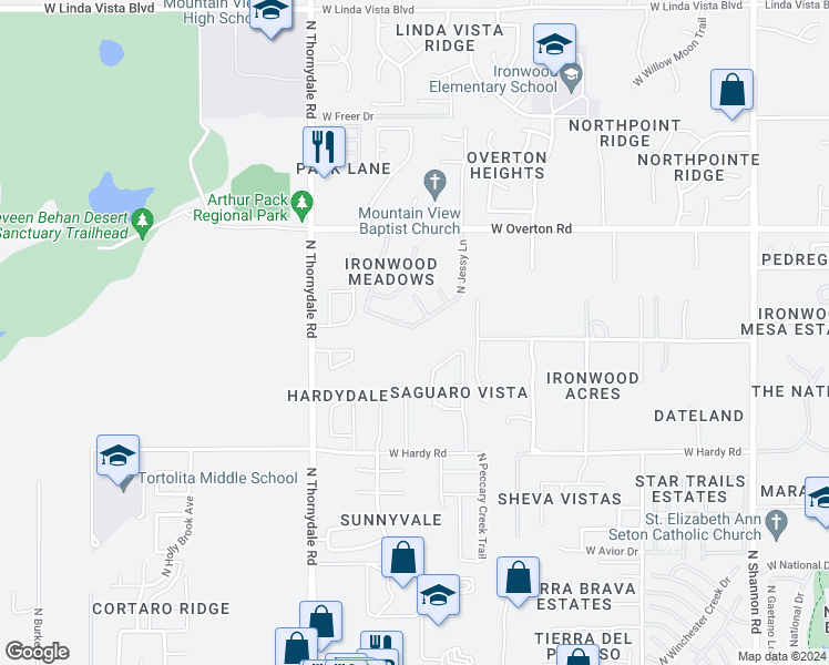 map of restaurants, bars, coffee shops, grocery stores, and more near 9036 North Jessy Lane in Tucson