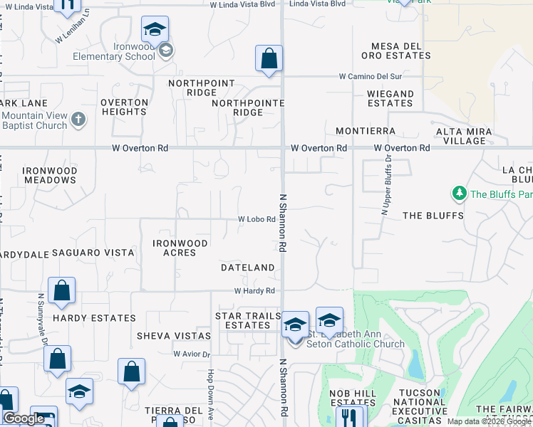 map of restaurants, bars, coffee shops, grocery stores, and more near 2920 West Lobo Road in Tucson