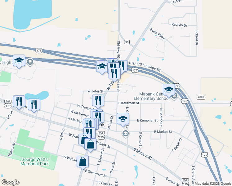 map of restaurants, bars, coffee shops, grocery stores, and more near 410 North 1st Street in Mabank