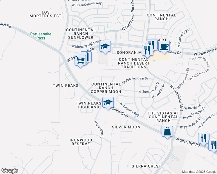 map of restaurants, bars, coffee shops, grocery stores, and more near 7870 West School Hill Place in Tucson