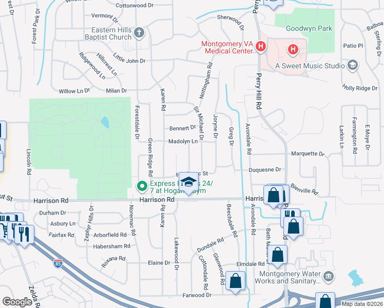 map of restaurants, bars, coffee shops, grocery stores, and more near 826 Sir Michael Drive in Montgomery