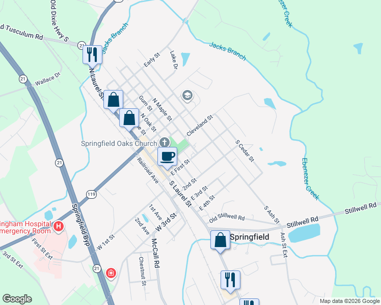 map of restaurants, bars, coffee shops, grocery stores, and more near 404 East First Street in Springfield