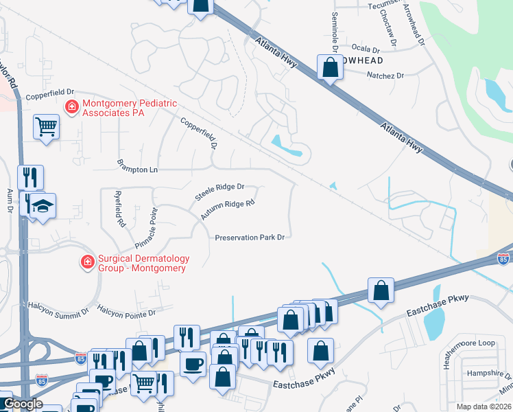 map of restaurants, bars, coffee shops, grocery stores, and more near 1256 Autumn Ridge Road in Montgomery