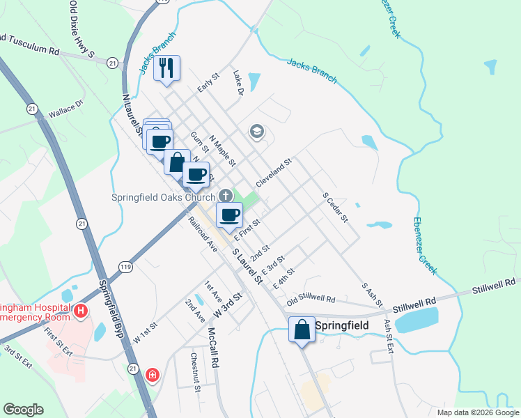 map of restaurants, bars, coffee shops, grocery stores, and more near 404 East First Street in Springfield