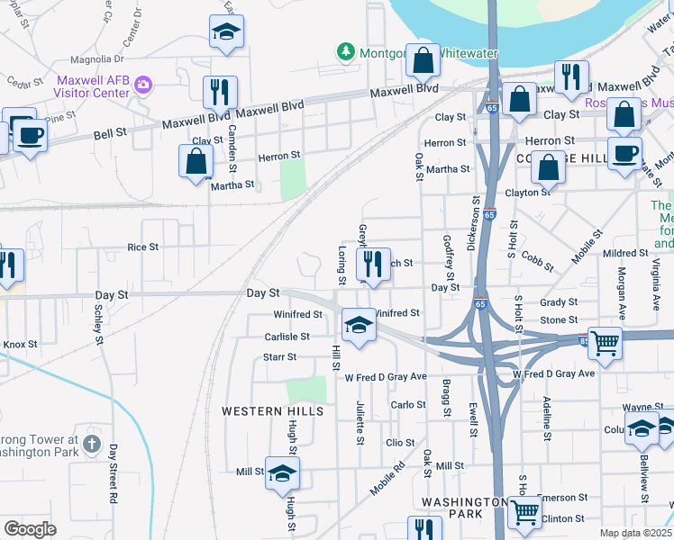 map of restaurants, bars, coffee shops, grocery stores, and more near 512 Loring Street in Montgomery
