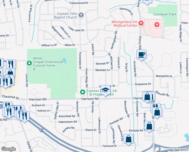 map of restaurants, bars, coffee shops, grocery stores, and more near 875 Karen Road in Montgomery