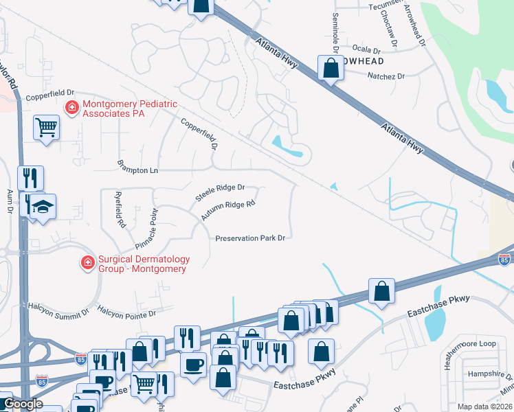 map of restaurants, bars, coffee shops, grocery stores, and more near 1256 Autumn Ridge Road in Montgomery