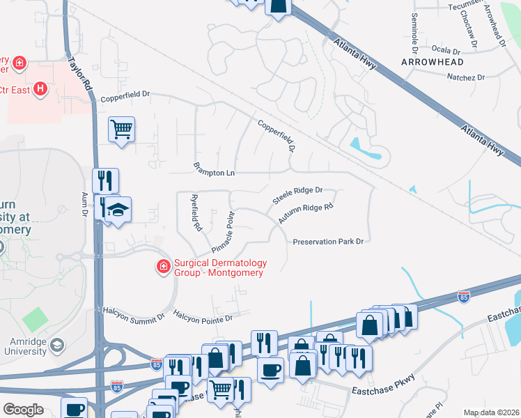 map of restaurants, bars, coffee shops, grocery stores, and more near 7566 Pinnacle Point in Montgomery