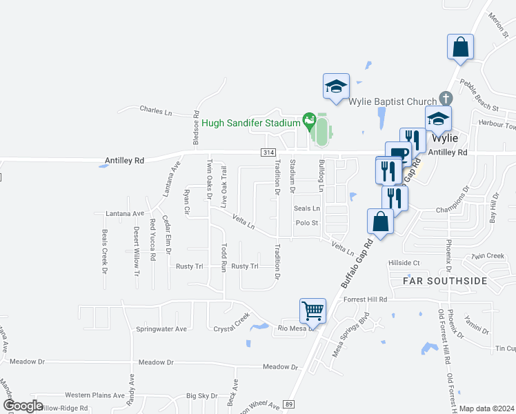 map of restaurants, bars, coffee shops, grocery stores, and more near 6509 Milestone Drive in Abilene