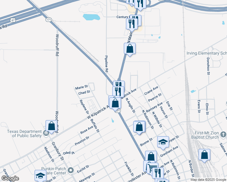 map of restaurants, bars, coffee shops, grocery stores, and more near 1731 Texas 171 in Cleburne