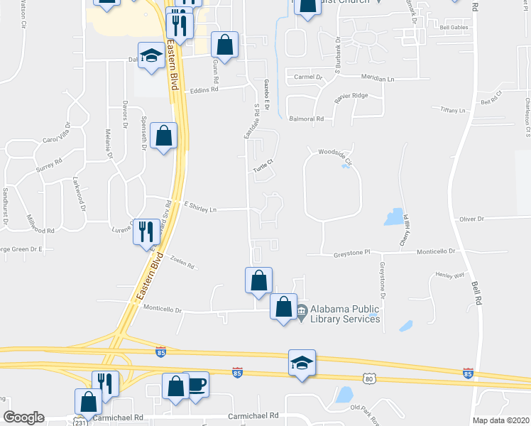 map of restaurants, bars, coffee shops, grocery stores, and more near 5701 East Shirley Lane in Montgomery