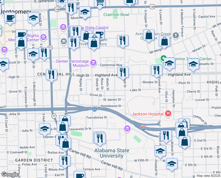 map of restaurants, bars, coffee shops, grocery stores, and more near 1112 Lake St in Montgomery
