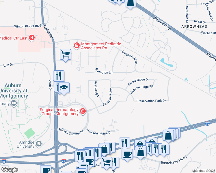 map of restaurants, bars, coffee shops, grocery stores, and more near 618 Ridge Park Drive in Montgomery