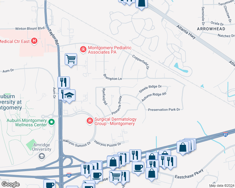 map of restaurants, bars, coffee shops, grocery stores, and more near 7514 Pinnacle Point in Montgomery