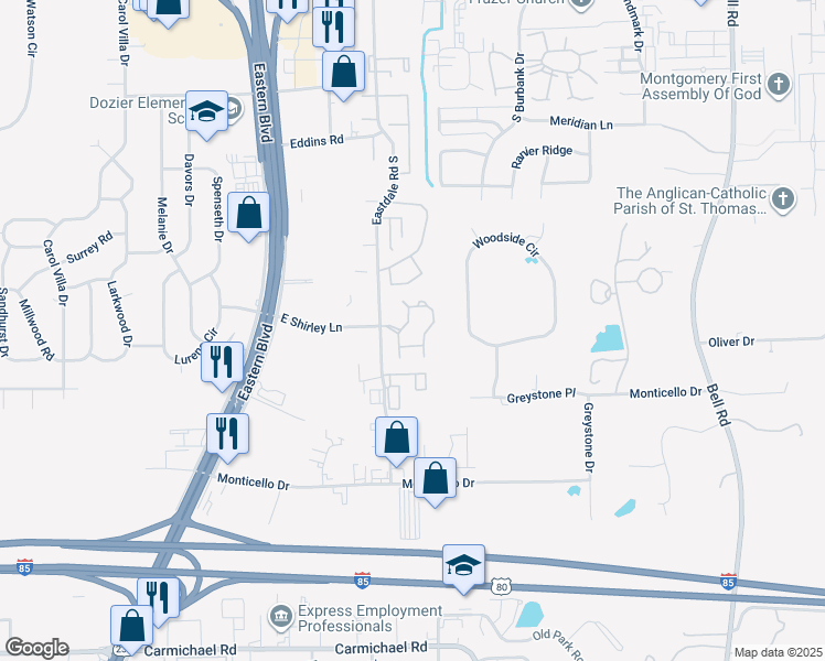 map of restaurants, bars, coffee shops, grocery stores, and more near 5701 East Shirley Lane in Montgomery