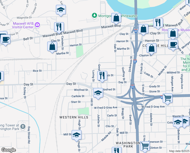 map of restaurants, bars, coffee shops, grocery stores, and more near 512 Loring Street in Montgomery