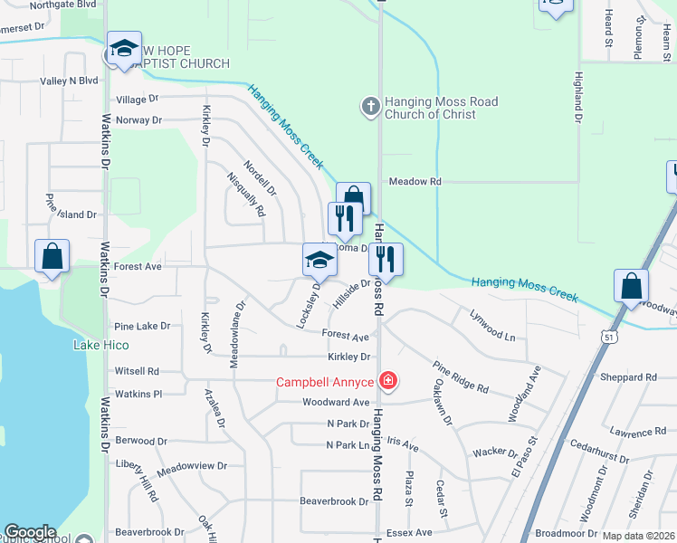 map of restaurants, bars, coffee shops, grocery stores, and more near 612 Heather Lane in Jackson