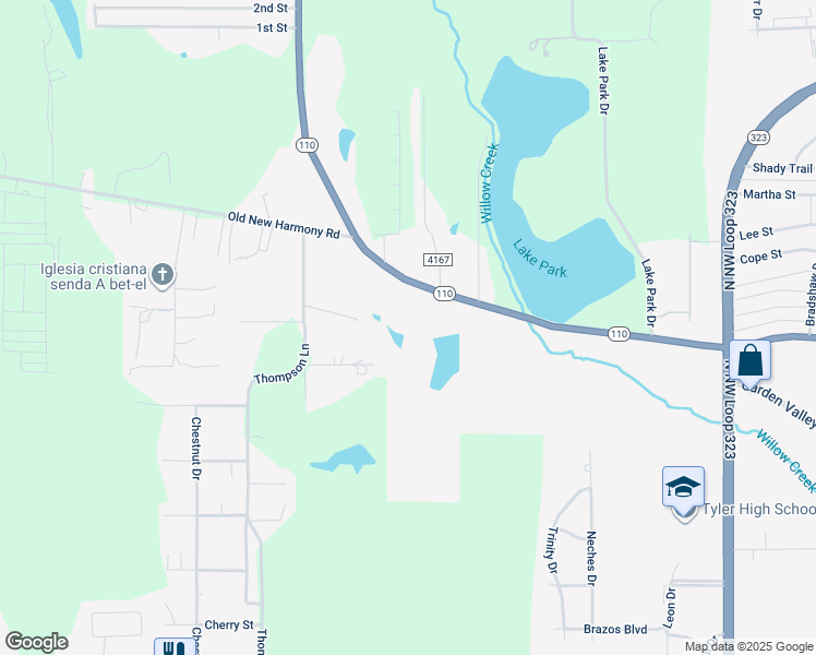 map of restaurants, bars, coffee shops, grocery stores, and more near 2881 Highway 110 in Tyler