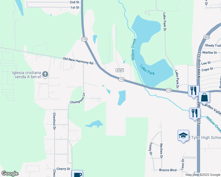 map of restaurants, bars, coffee shops, grocery stores, and more near 2881 Highway 110 in Tyler