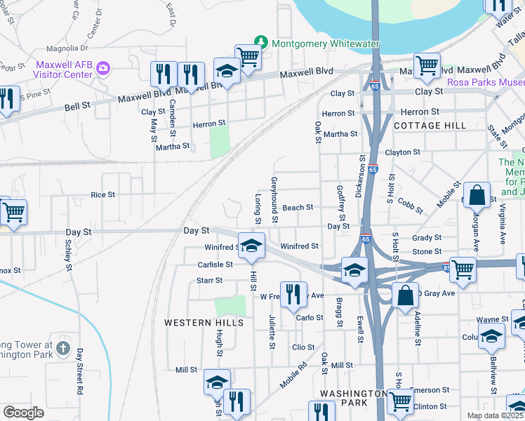 map of restaurants, bars, coffee shops, grocery stores, and more near 512 Loring Street in Montgomery