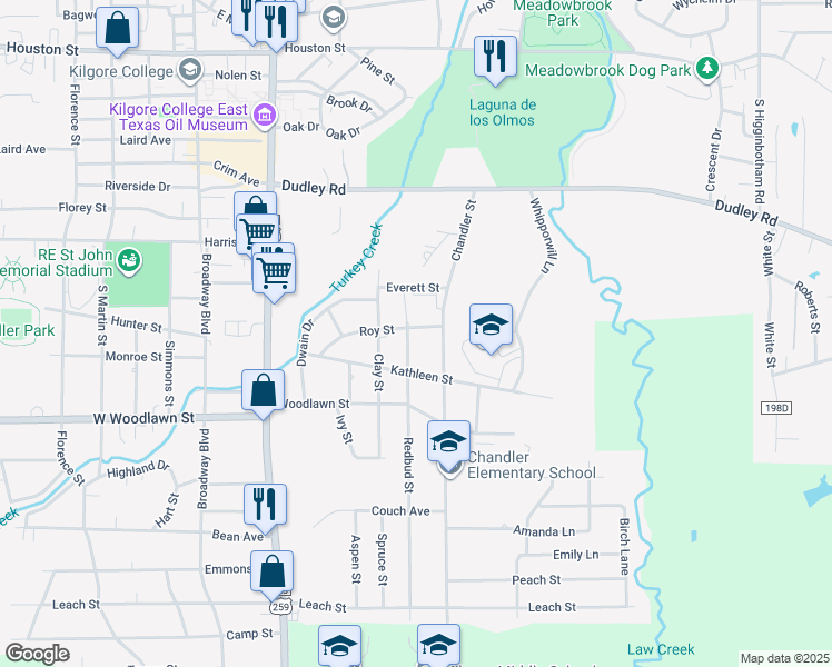 map of restaurants, bars, coffee shops, grocery stores, and more near 2210 Redbud Street in Kilgore