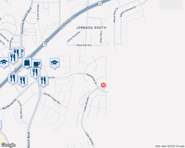 map of restaurants, bars, coffee shops, grocery stores, and more near 4377 Chimayo Drive in Las Cruces