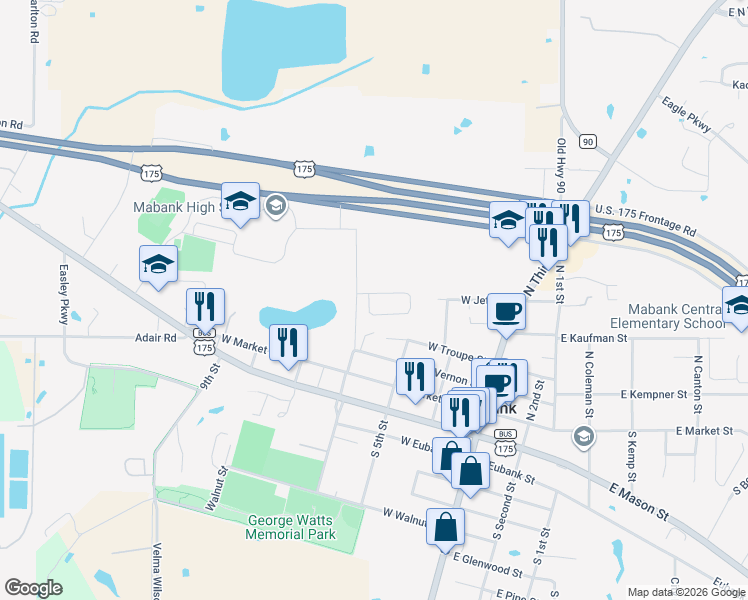 map of restaurants, bars, coffee shops, grocery stores, and more near 304 West Troupe Street in Mabank
