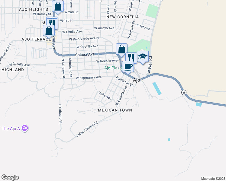 map of restaurants, bars, coffee shops, grocery stores, and more near 420 La Mina Avenue in Ajo